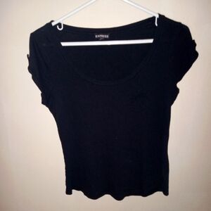 Black top with buttoned up sleeves and mini pocket